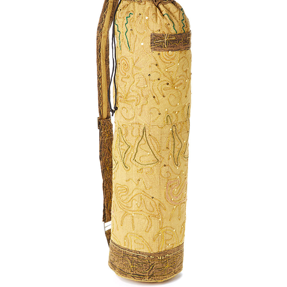 Handcrafted Embroidered Yoga Mat Bag by OMSutra | Cotton Canvas | Drawstring | Shoulder Strap | Zippered Pockets