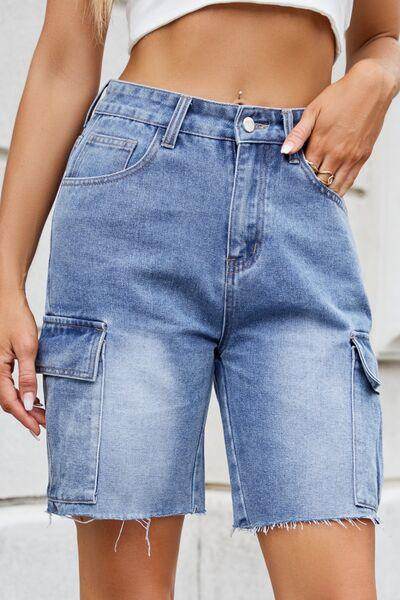 Raw Hem Washed Denim Shorts with Cargo Pockets for Women