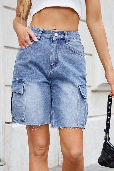 Raw Hem Washed Denim Shorts with Cargo Pockets for Women