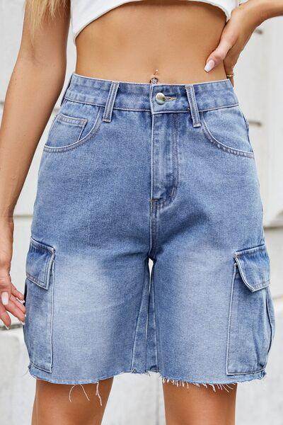 Raw Hem Washed Denim Shorts with Cargo Pockets for Women