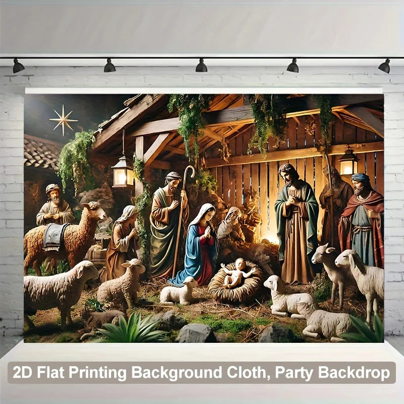 Christmas Nativity Scene Backdrop – Polyester Photography Background Cloth | Multiple Sizes