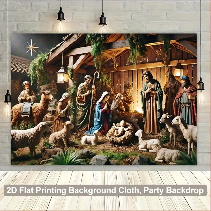 Christmas Nativity Scene Backdrop – Polyester Photography Background Cloth | Multiple Sizes