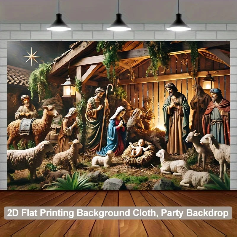 Christmas Nativity Scene Backdrop – Polyester Photography Background Cloth | Multiple Sizes