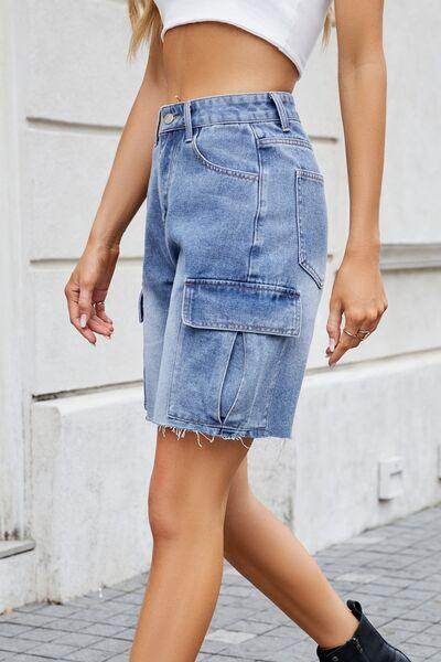 Raw Hem Washed Denim Shorts with Cargo Pockets for Women