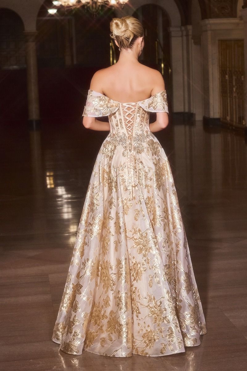 Off The Shoulder Maxi Pageant Gown w/ Corset Bodice & Sweetheart Neckline CDCD682
