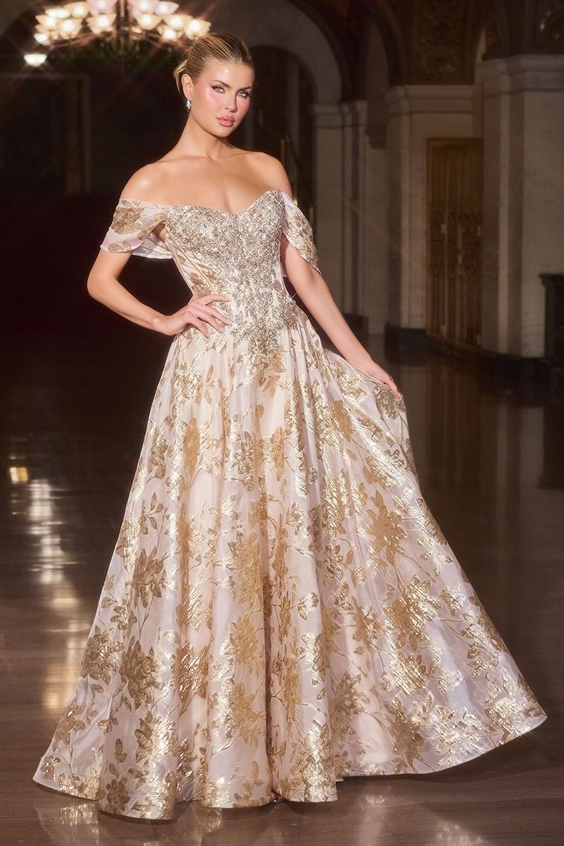 Off The Shoulder Maxi Pageant Gown w/ Corset Bodice & Sweetheart Neckline CDCD682