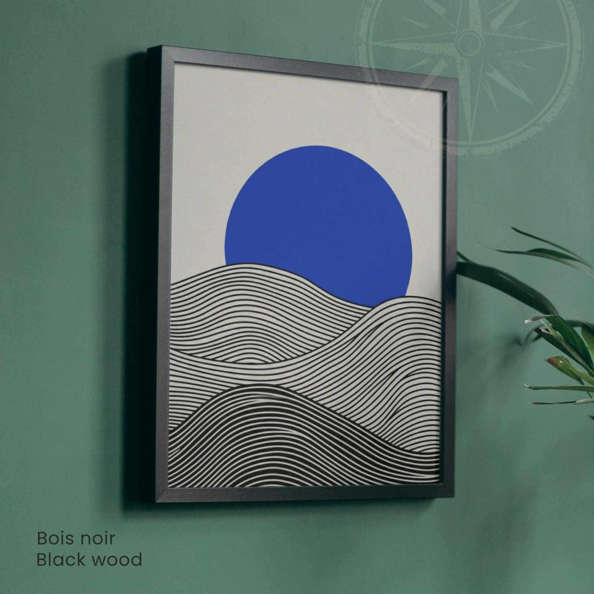 Affiche paysage vagues noir crème soleil bleu — art mural minimaliste japandi