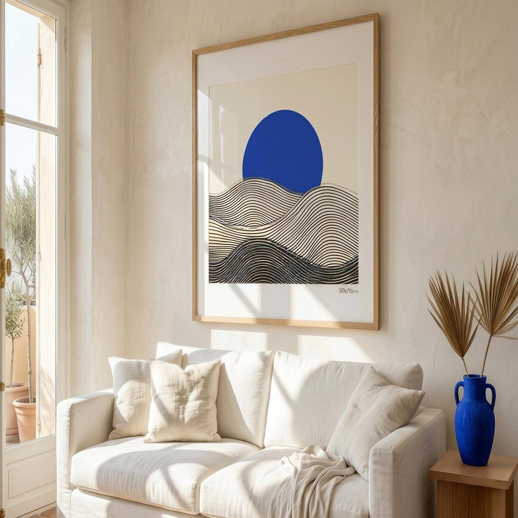 Affiche paysage vagues noir crème soleil bleu — art mural minimaliste japandi