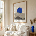 Affiche paysage vagues noir crème soleil bleu — art mural minimaliste japandi