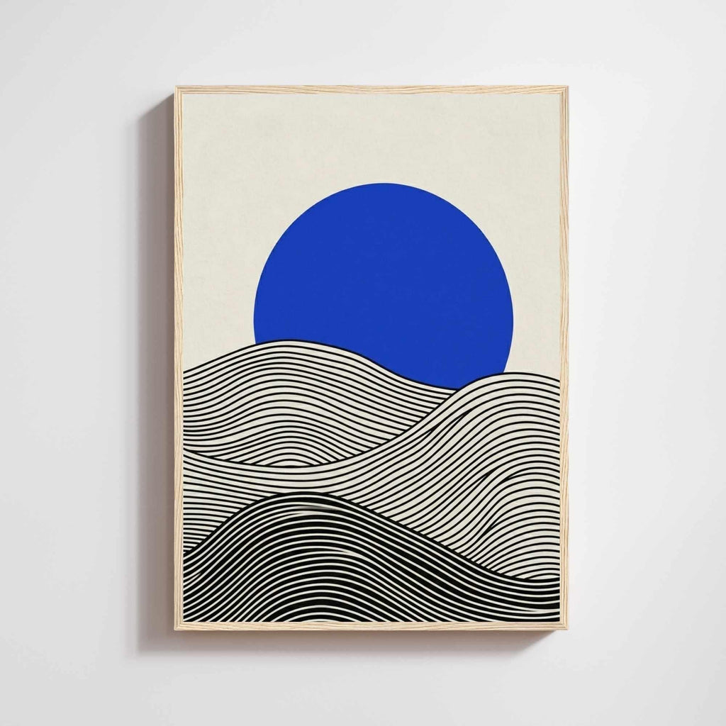 Affiche paysage vagues noir crème soleil bleu — art mural minimaliste japandi