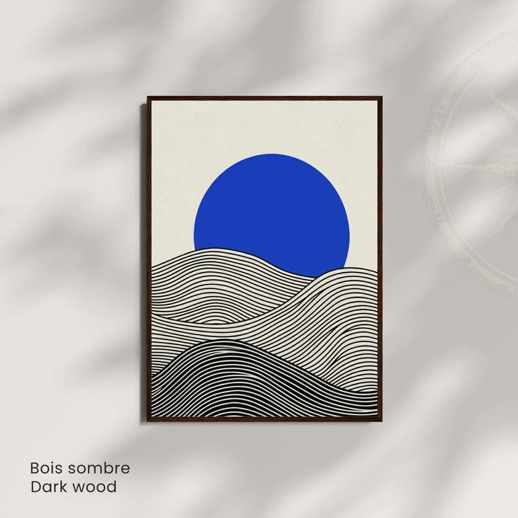 Affiche paysage vagues noir crème soleil bleu — art mural minimaliste japandi