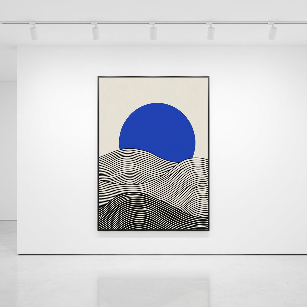 Affiche paysage vagues noir crème soleil bleu — art mural minimaliste japandi
